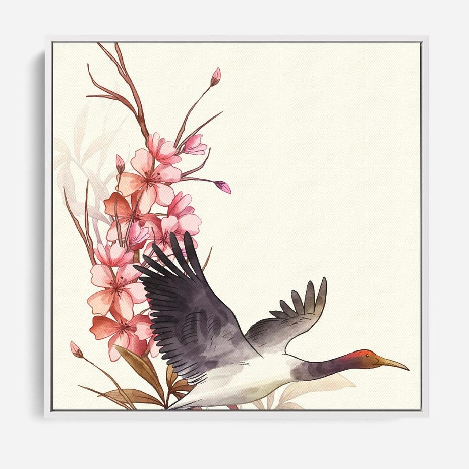 Obraz w ramie 80x80 - Szept Japonii - japońska sztuka, ptak - rama biała