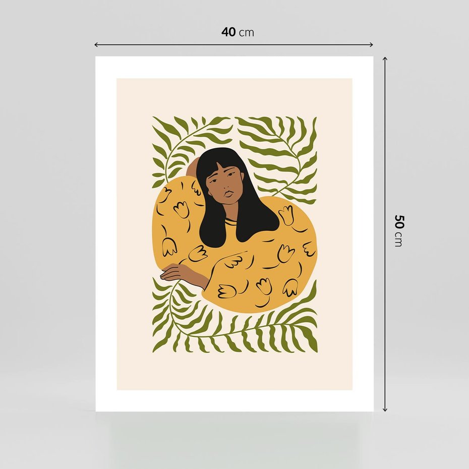 Plakat bez ramy 40x50 - Malowane Odbicia Wyobraźni - nowoczesny plakat, kobieta otoczona liśćmi