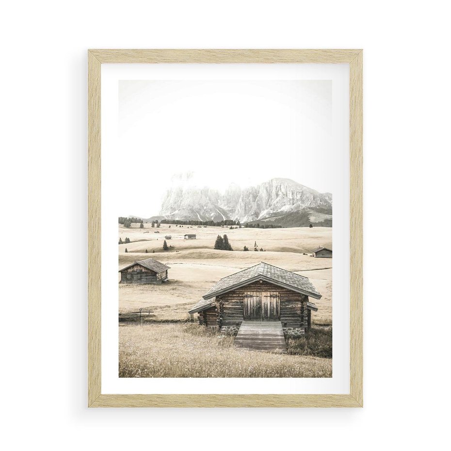 Plakat w ramie 50x70 - Chatka w Górskiej Sepii - domek w górach, chatka - rama drewno