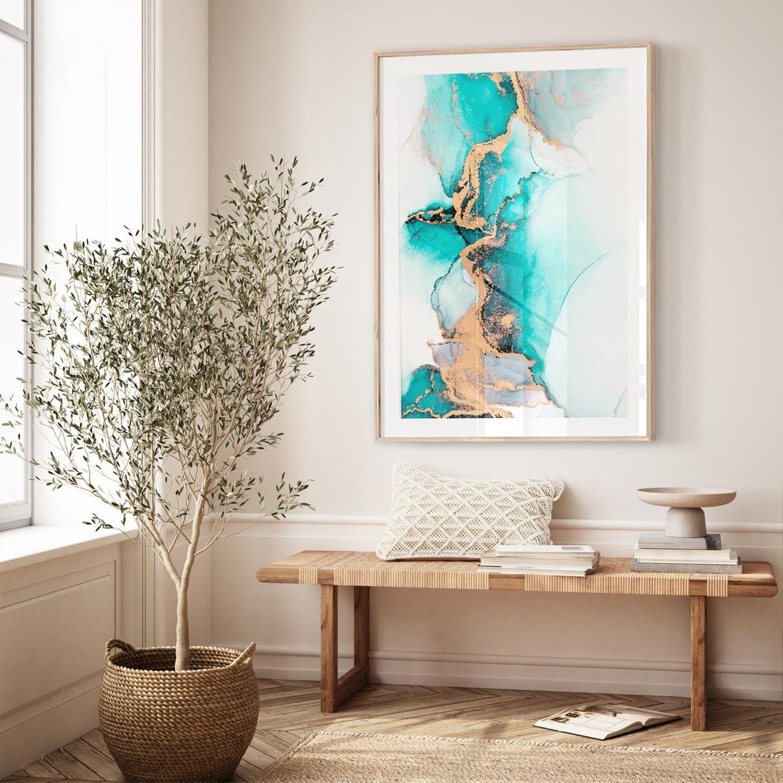 Plakat w ramie 30x40 - Elegancja i Subtelność - marmur, złoto - rama drewno