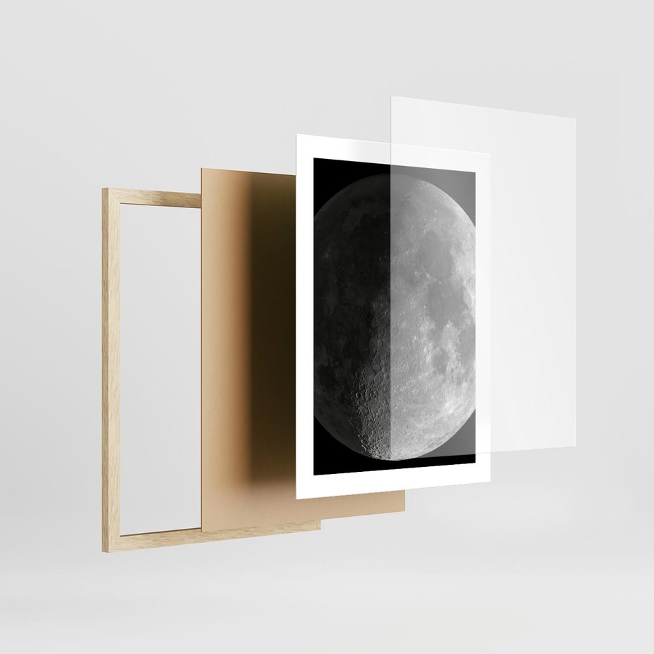 Plakat w ramie 30x40 - Kontrastowy księżyc w czerni i bieli - księżyc, czarno - rama drewno