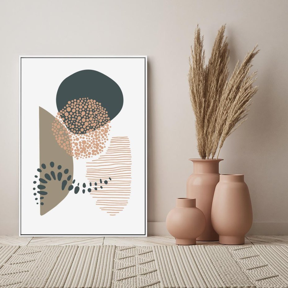 Obraz w ramie 70x100 - Harmonia Akwarelowych Przestrzeni - abstrakcyjna kompozycja z kropek kresek i kółek, odcienie brązu i beżu - rama biała