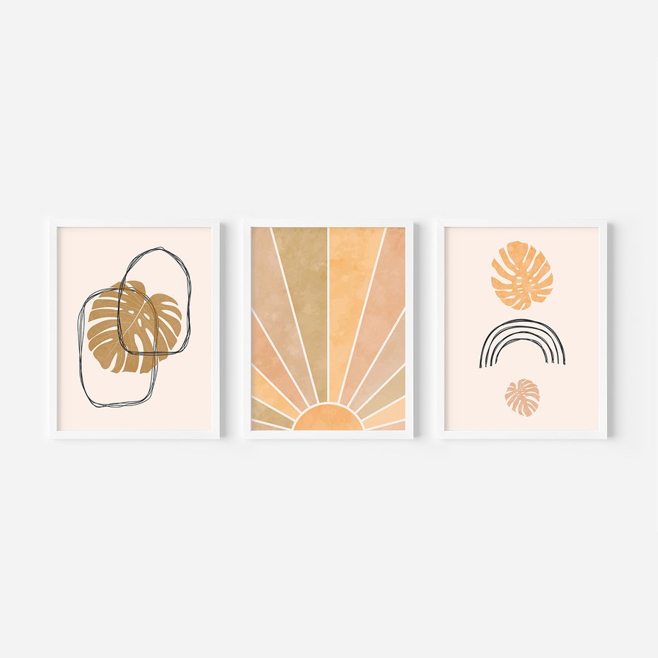 Zestaw obrazy w ramie 40x50 galeria - Boho, monstera, tęcza, nowoczesne - rama biała