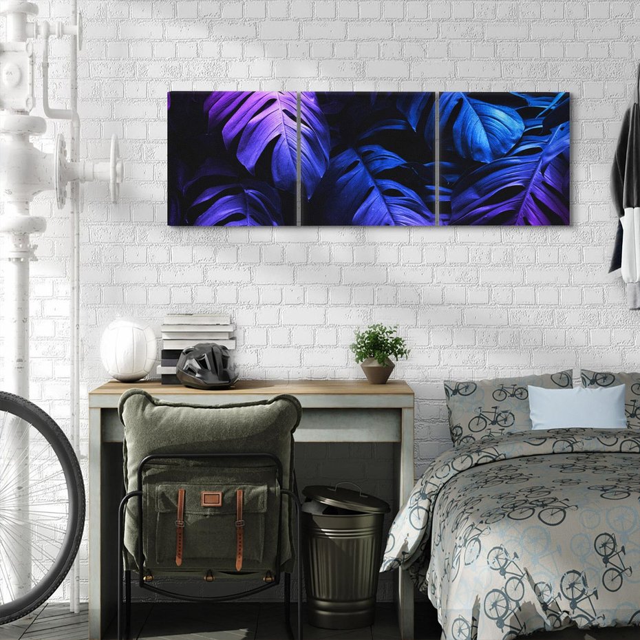 Obraz na płótnie 150x50 - Mroczna Magia Dżungli - mroczna grafika, fioletowe liście monstery na czarnym tle