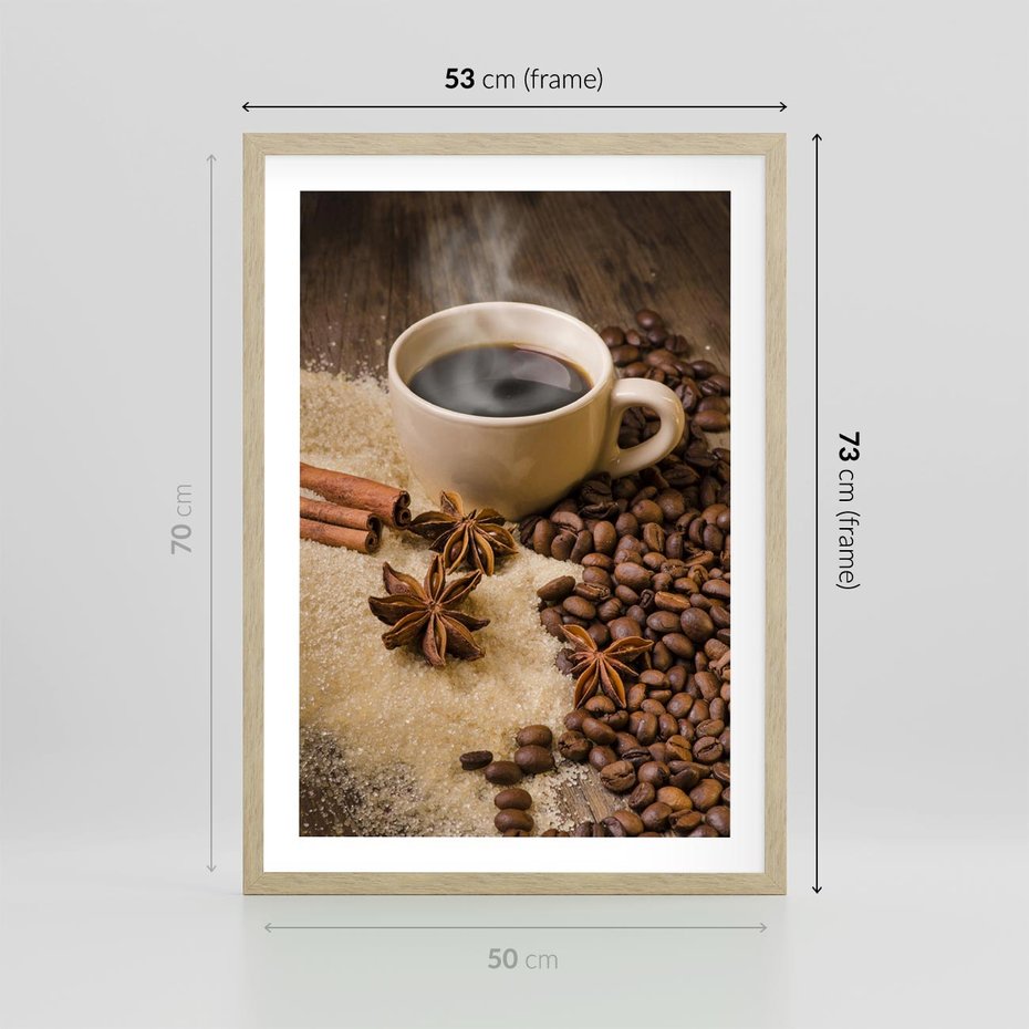 Plakat w ramie 50x70 - Kawowa filiżanka pełna aromatu - kawa, filiżanka - rama drewno