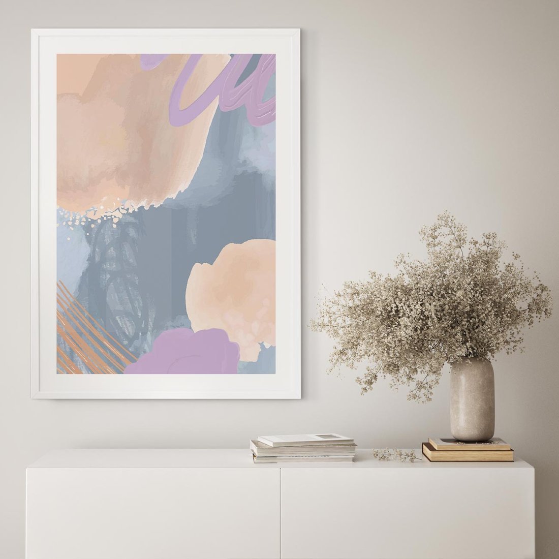 Plakat w ramie 30x40 - Rozmyte Akwarelowe Marzenia - abstrakcyjne akwarelowe plamy, pastele - rama biała