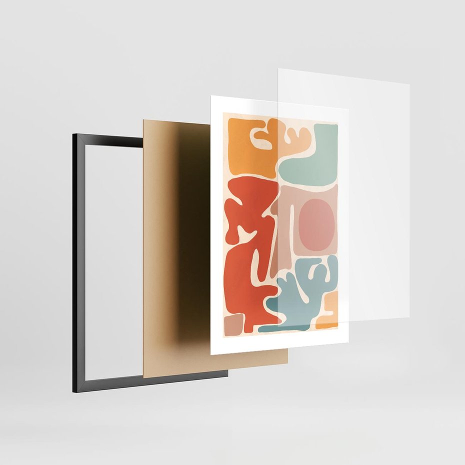 Plakat w ramie 30x40 - Pastelowa Symfonia Kształtów - abstrakcyjne kolorowe formy, pastelowe kolory - rama czarna