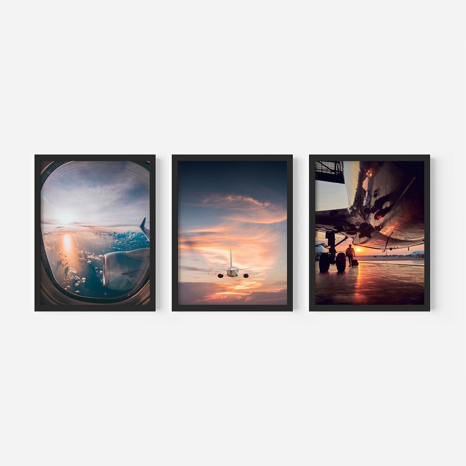 Zestaw obrazy w ramie 30x40 galeria - Samolot, zachód, podróż - rama czarna