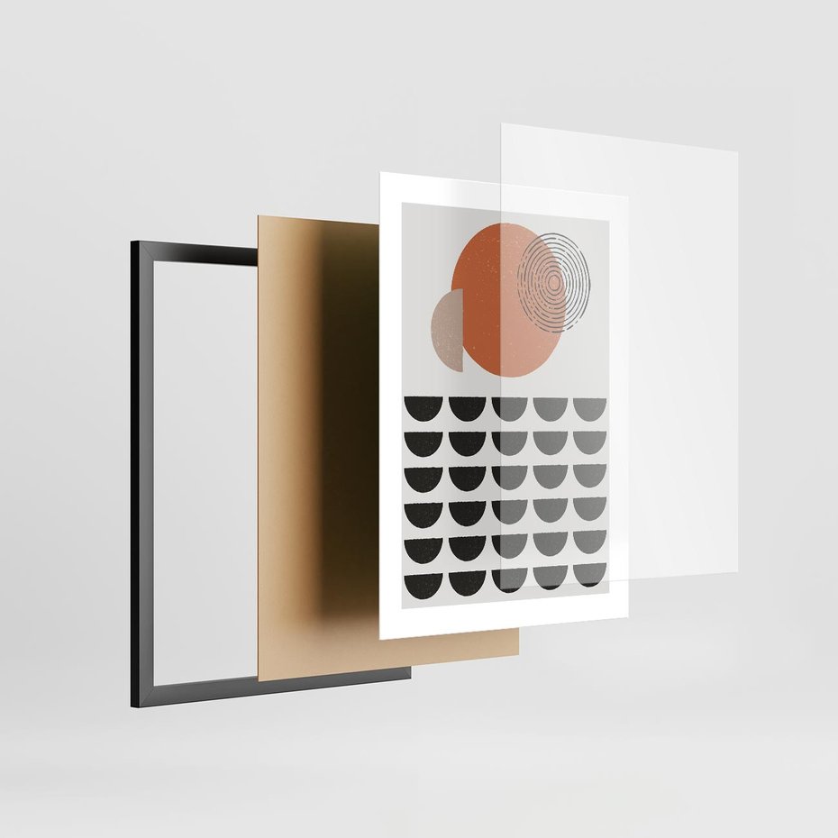 Plakat w ramie 30x40 - Geometryczna Ekspresja - geometryczny graficzny obraz, pomarańczowe koło - rama czarna