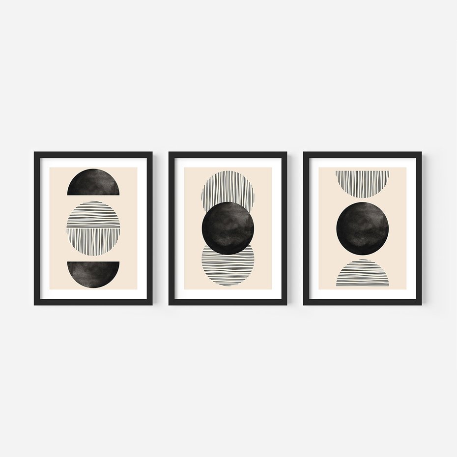 Zestaw obrazy w ramie 50x70 galeria - Geometryczne, grafiki, czarno, biały - rama czarna