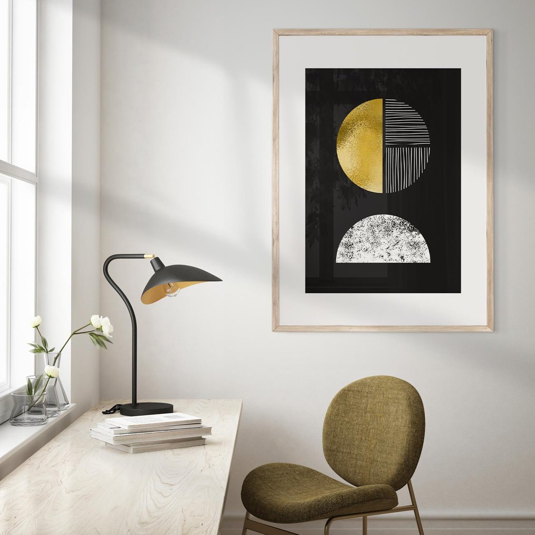 Plakat w ramie 30x40 - Złote Koła i Geometryczne Formy - grafika, modern - rama drewno