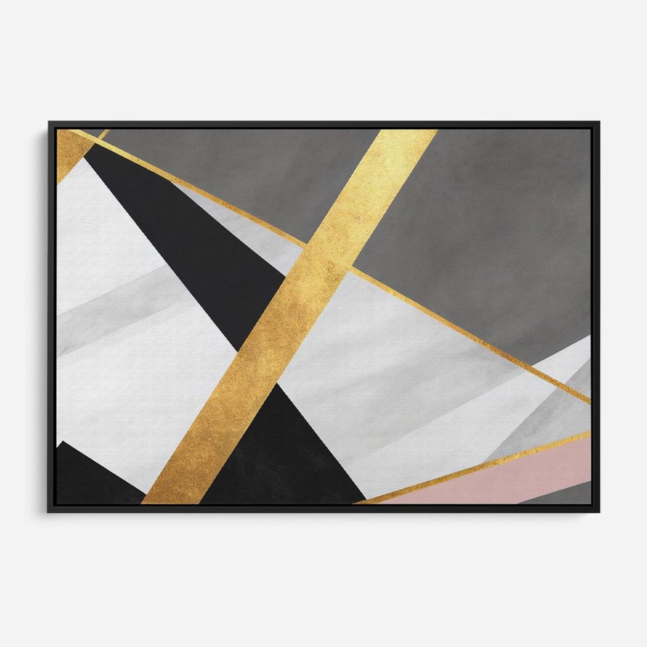Obraz w ramie 100x70 - Pudrowe Abstrakcyjne Lustra - złote abstrakcyjne linie, szarość - rama czarna