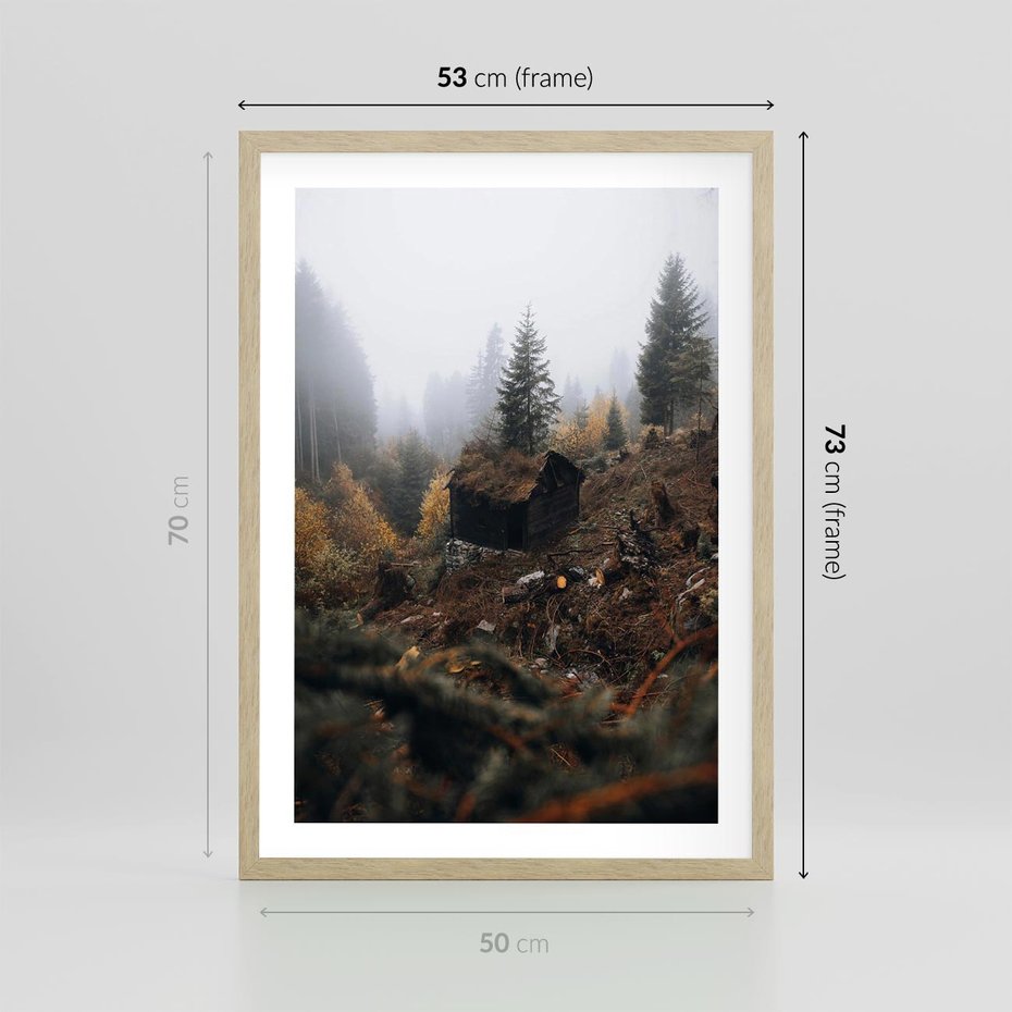 Plakat w ramie 50x70 - Górski las - stary zniszczony domek w górach, góry - rama drewno