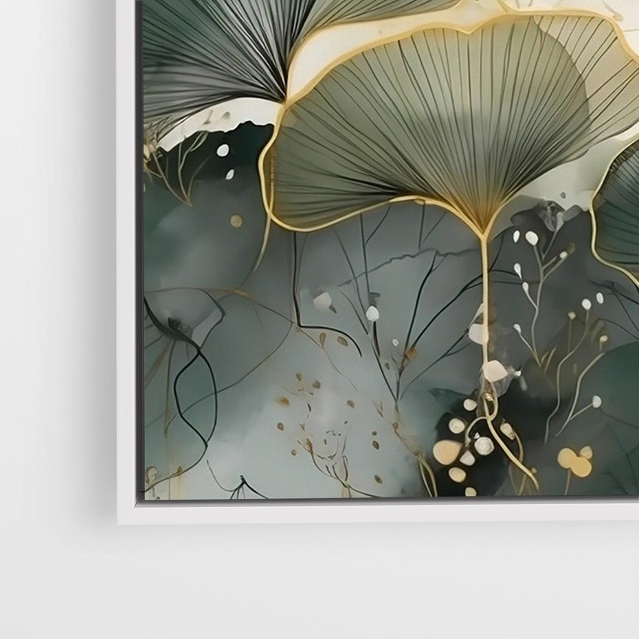 Obraz w ramie 70x50 - Natura w Złotym Odcieniu - złote elementy, liście miłorzębu japońskiego - rama biała