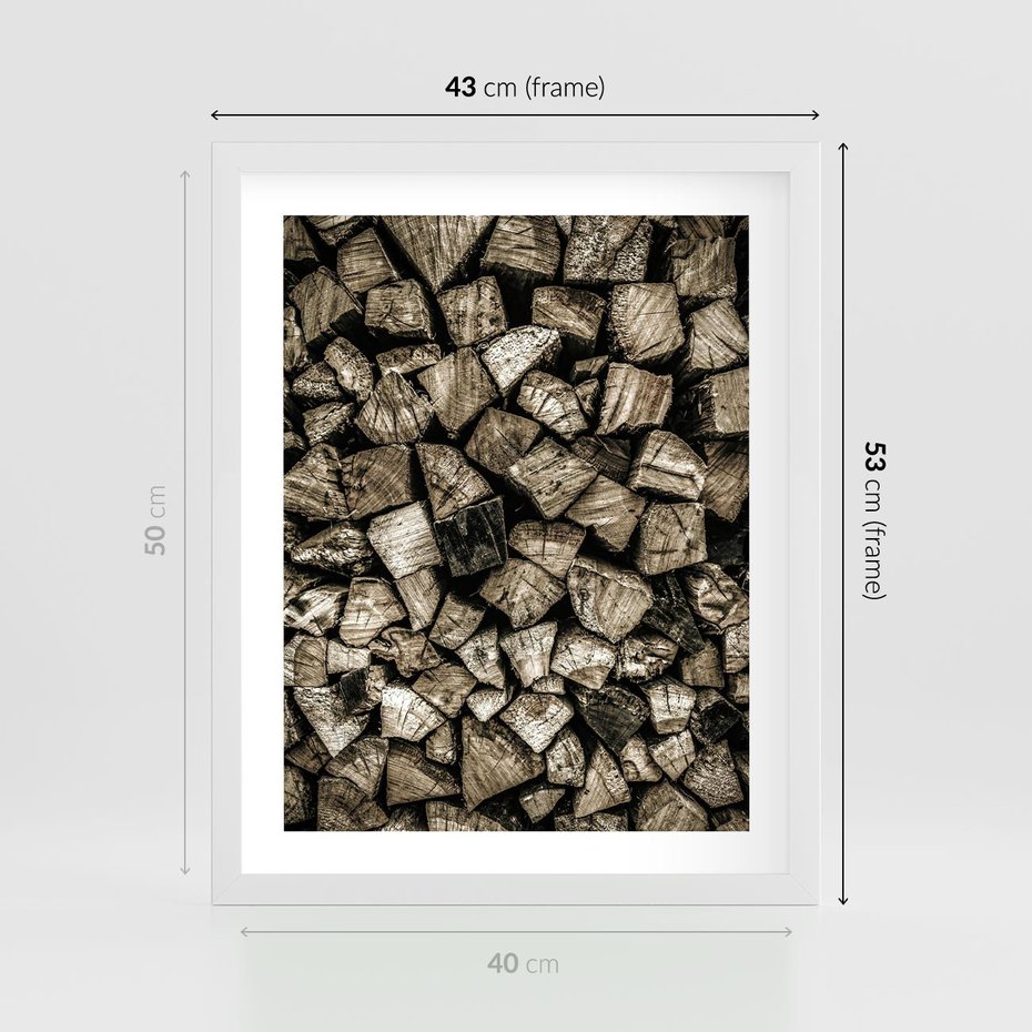 Plakat w ramie 40x50 - Piękno Drewna - belki drewna, drewno - rama biała