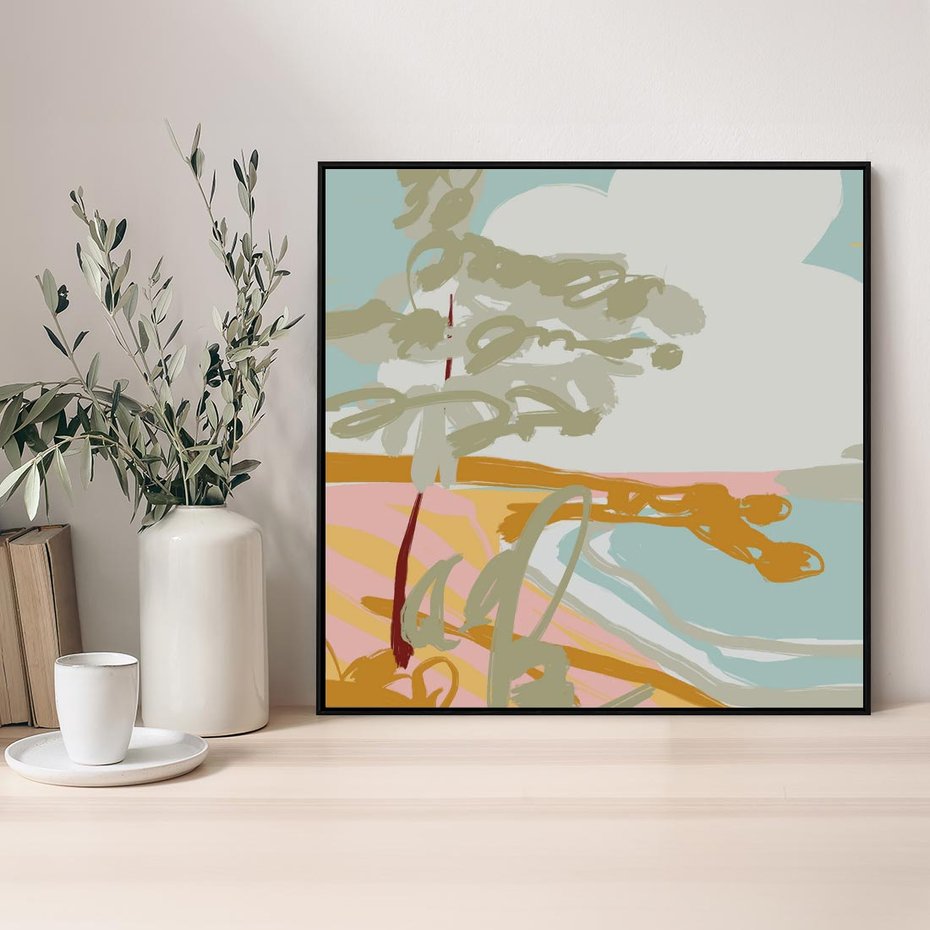 Obraz w ramie 50x50 - Spokojny Wiatr - pastelowy krajobraz, nowoczesny plakat - rama czarna