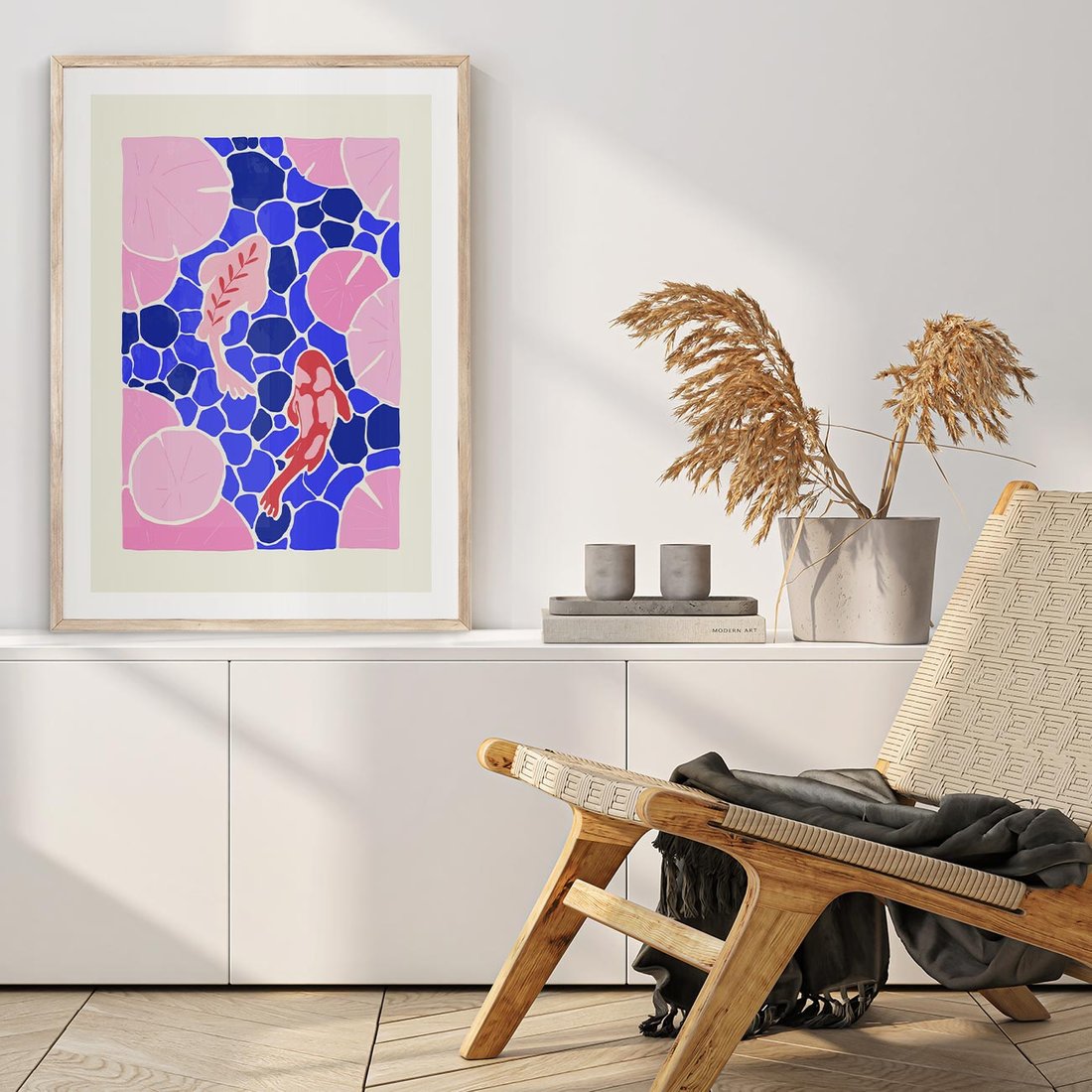 Plakat w ramie 30x40 - Rzeka Abstrakcji - abstrakcyjna kompozycja, różowe ryby wśród rafy - rama drewno