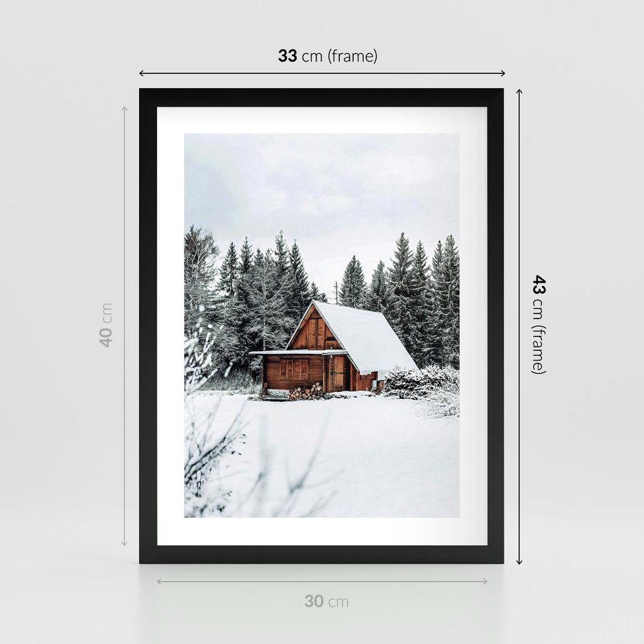 Plakat w ramie 30x40 - Ujęcie zimy w Górach - domek w górach w zimie, śnieg - rama czarna