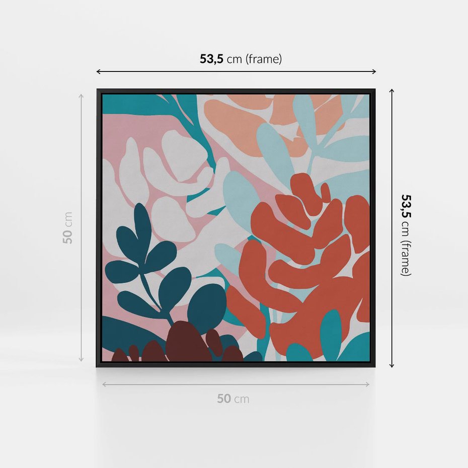 Obraz w ramie 50x50 - Impresje Kształtów - abstrakcyjna kompozycja kwiatowych form, kolor zgaszone - rama czarna