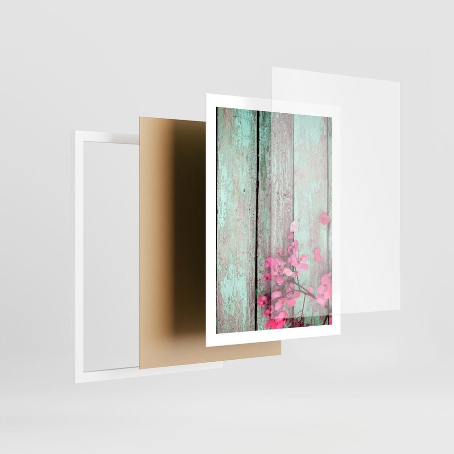Plakat w ramie 50x70 - Urok Dawnych Czasów - kwiaty, deski - rama biała