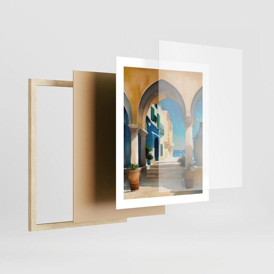 Plakat w ramie 40x50 - Nadmorskie Łuki - akwarela, śródziemnomorski klimat - rama drewno