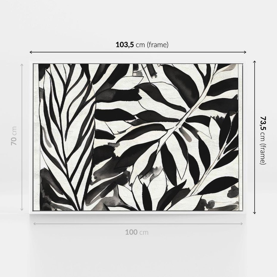 Obraz w ramie 100x70 - Czarne Liście - akwarelowy obraz, czarno biały - rama biała