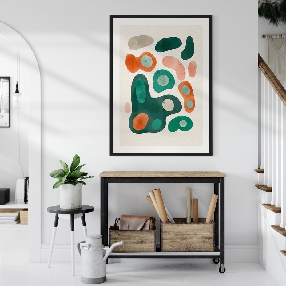 Plakat bez ramy 21x30 - Kolorowe Przenikanie - przypadkowe abstrakcyjne plamy, pomarańczowy i zielony