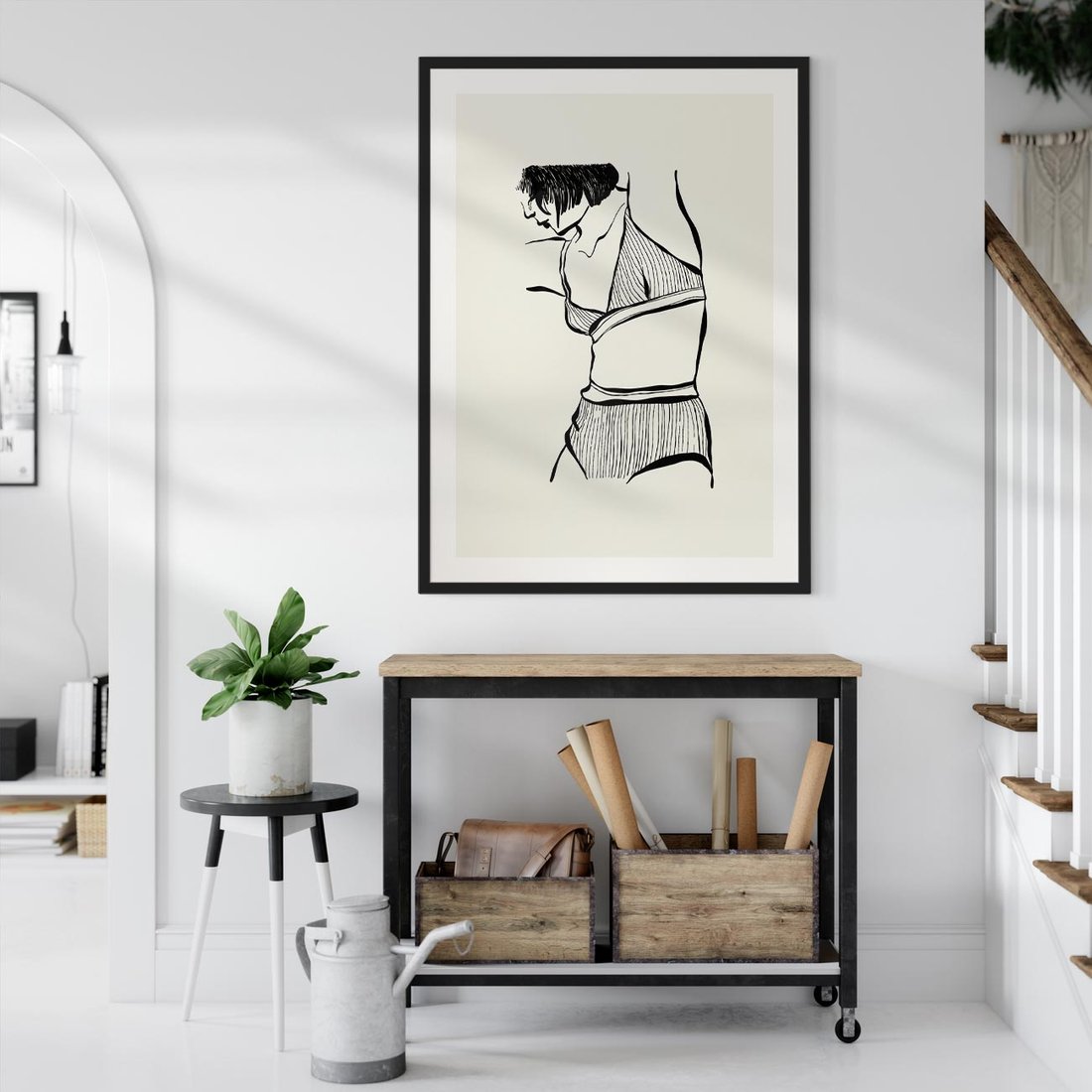 Plakat w ramie 50x70 - Minimalistyczny Urok - szkic, kobieta w bieliźnie - rama czarna