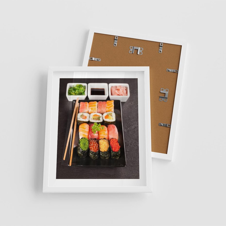 Plakat w ramie 40x50 - Kulinarne podróże do Japonii - sushi, japonia - rama biała