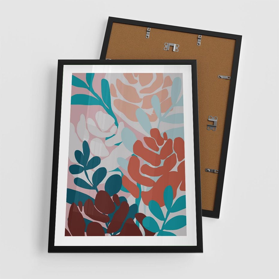Plakat w ramie 50x70 - Impresje Kształtów - abstrakcyjna kompozycja kwiatowych form, kolor zgaszone - rama czarna