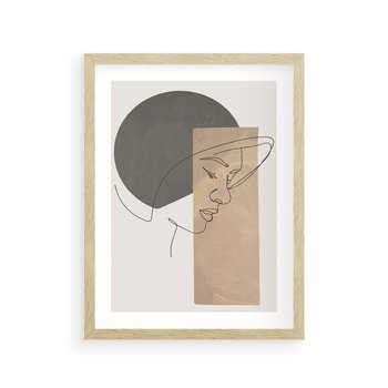 Plakat w ramie 30x40 - Jedną Linią: Kobieca Twarz - abstrakcja, plamy w tle - rama drewno