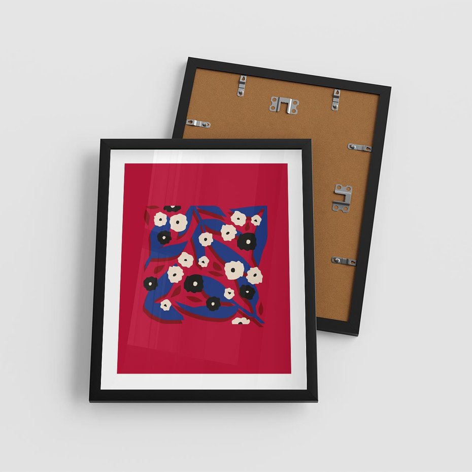 Plakat w ramie 40x50 - Kolorowe Przenikanie - abstrakcyjna kwiatowa kompozycja, czerwone mocne tło - rama czarna