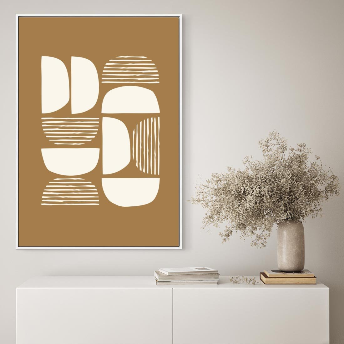 Obraz w ramie 70x100 - Wewnętrzne Spektrum - geometryczne boho kształty na brązowym, karmelowym tle - rama biała