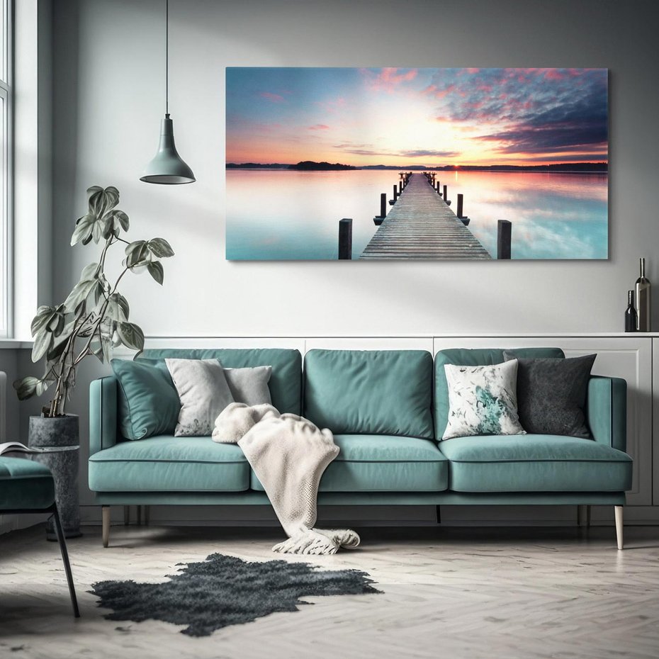 Obraz na płótnie 120x60 - Złote zachody słońca - jezioro, molo