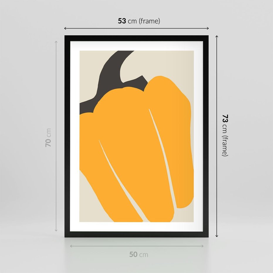 Plakat w ramie 50x70 - Migocące Formy - abstrakcyjny minimalistyczny obraz, żółta papryczka - rama czarna