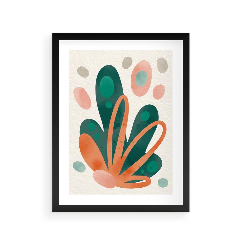 Plakat w ramie 30x40 - Harmonia bez Harmonii - akwarelowe abstrakcyjne kształty, zieleń i pomarańcz - rama czarna