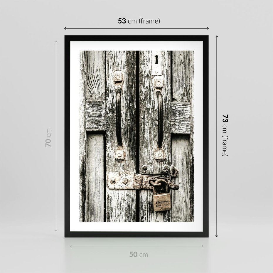 Plakat w ramie 50x70 - Retro Drzwi: Zamknięta Tajemnica - stare drzwi, kłódka - rama czarna