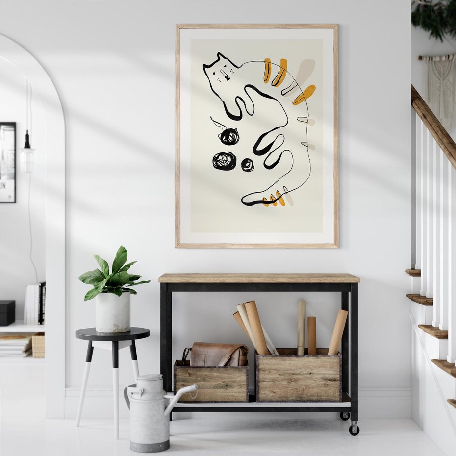 Plakat w ramie 50x70 - Picassowska Abstrakcja Kota - abstrakcyjna grafika kota, jak picasso - rama drewno