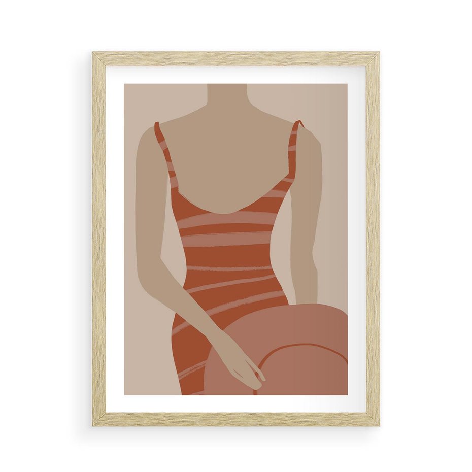 Plakat w ramie 50x70 - Kobiece Retro - minimalistyczny boho plakat, retro kobieta w stroju kąpielowym - rama drewno
