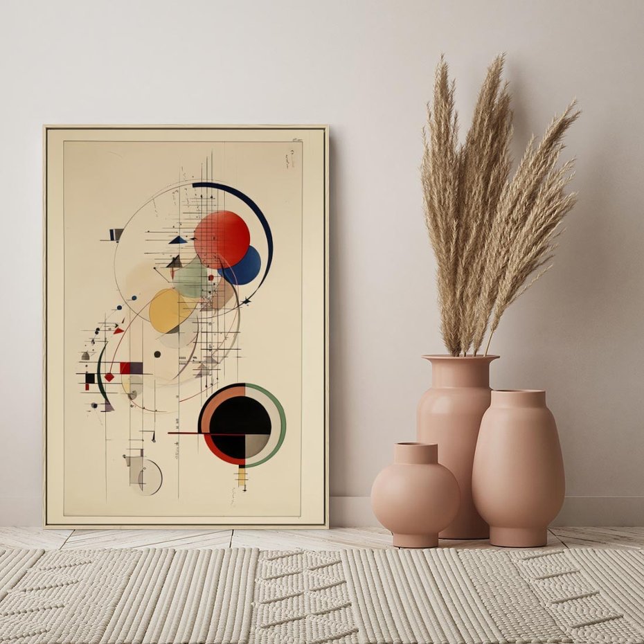 Obraz w ramie 50x70 - Impulsy Wydobyte z Cienia - abstrakcyjna geometryczna kompozycja, koła linie - rama drewno