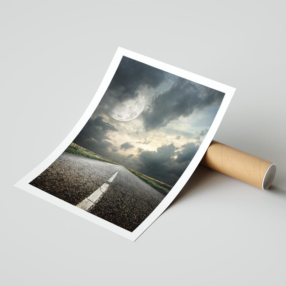 Plakat bez ramy 40x50 - magia nocnej drogi - droga, księżyc
