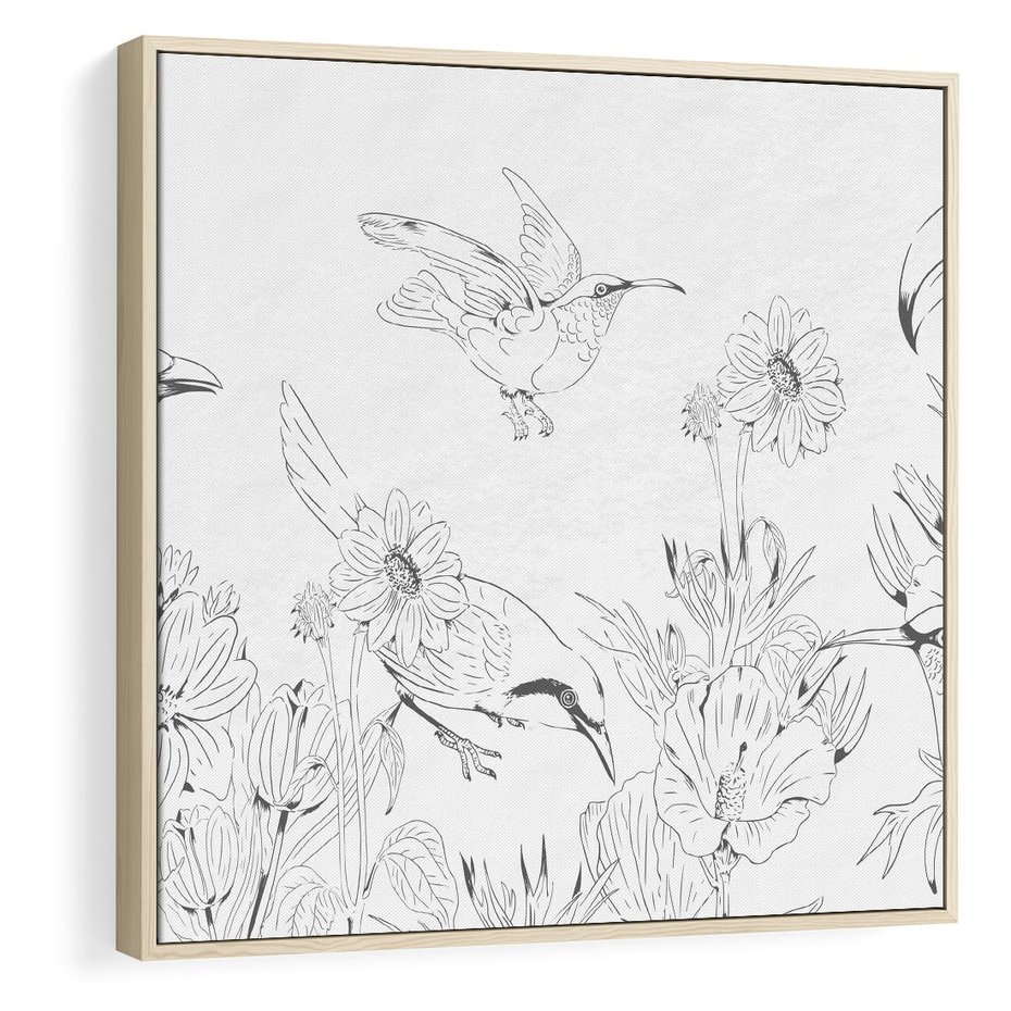 Obraz w ramie 50x50 - Tropiki w Monochromie - czarno biały szkic, tropikalne ptaki - rama drewno