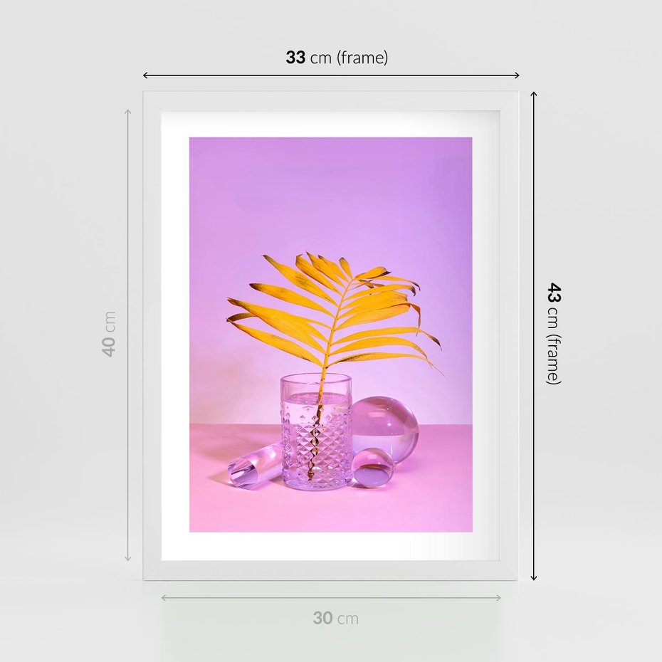 Plakat w ramie 30x40 - Neonowy Liść Palmy na Fotografii - neonowa fotografia, liść palmy w szklance - rama biała
