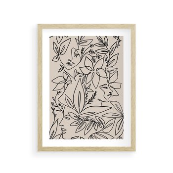 Plakat w ramie 40x50 - Kobiecy Portret Duszy - beżowe tło, czarny szkic nowoczesnych kwiatów - rama drewno