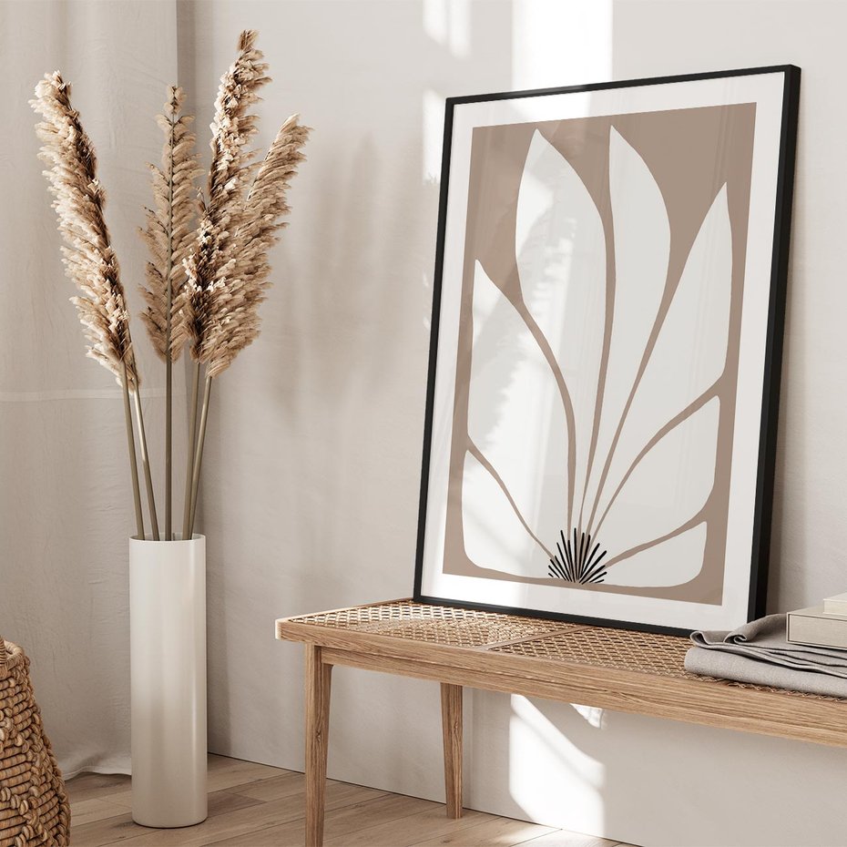 Plakat w ramie 50x70 - Ekspresyjne Kontury - abstrakcyjny kwiat, beże i brązy - rama czarna
