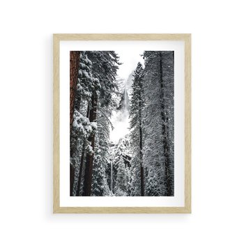 Plakat w ramie 40x50 - Cicha Magia Zimowego Lasu - zimowy las, ośnieżone drzewa - rama drewno