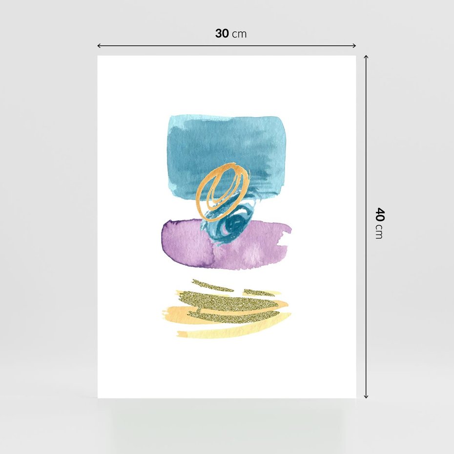 Plakat bez ramy 30x40 - Taniec Akwarelowych Kresek - akwarelowe plamy w odcieniach błękitu, złote kreski