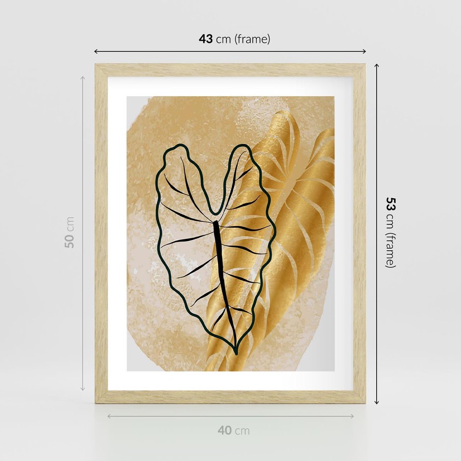 Plakat w ramie 40x50 - Monstera w Złocie - złote liście monstery, grafika - rama drewno