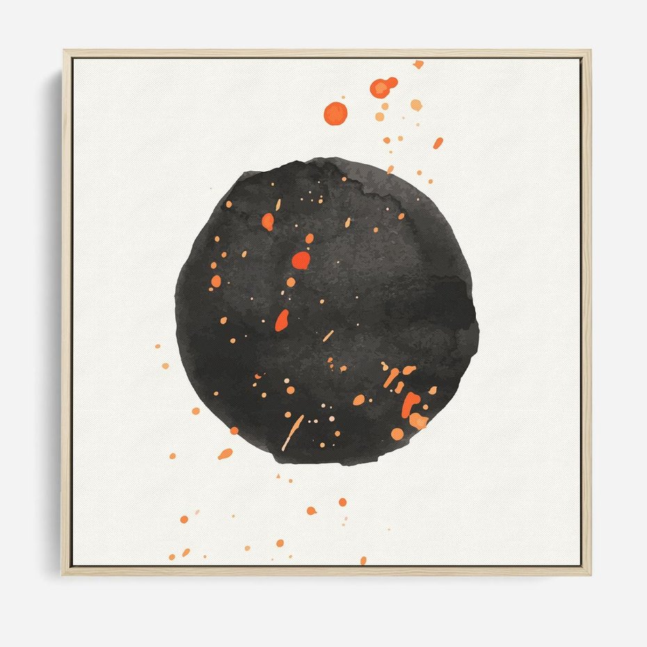 Obraz w ramie 50x50 - Wibracje Kolorów - abstrakcyjna czarna plama, rozsiane pomarańczowe kropki - rama drewno