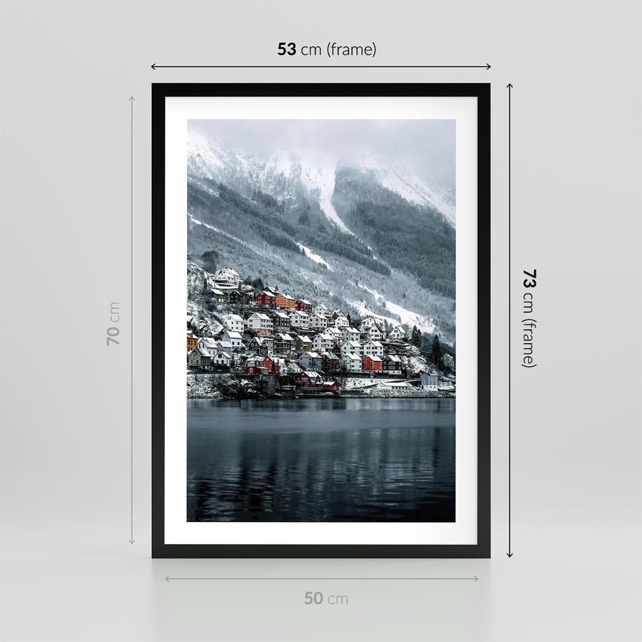 Plakat w ramie 50x70 - Skandynawia na Wzgórzach - domki na wzgórzu, skandynawia - rama czarna